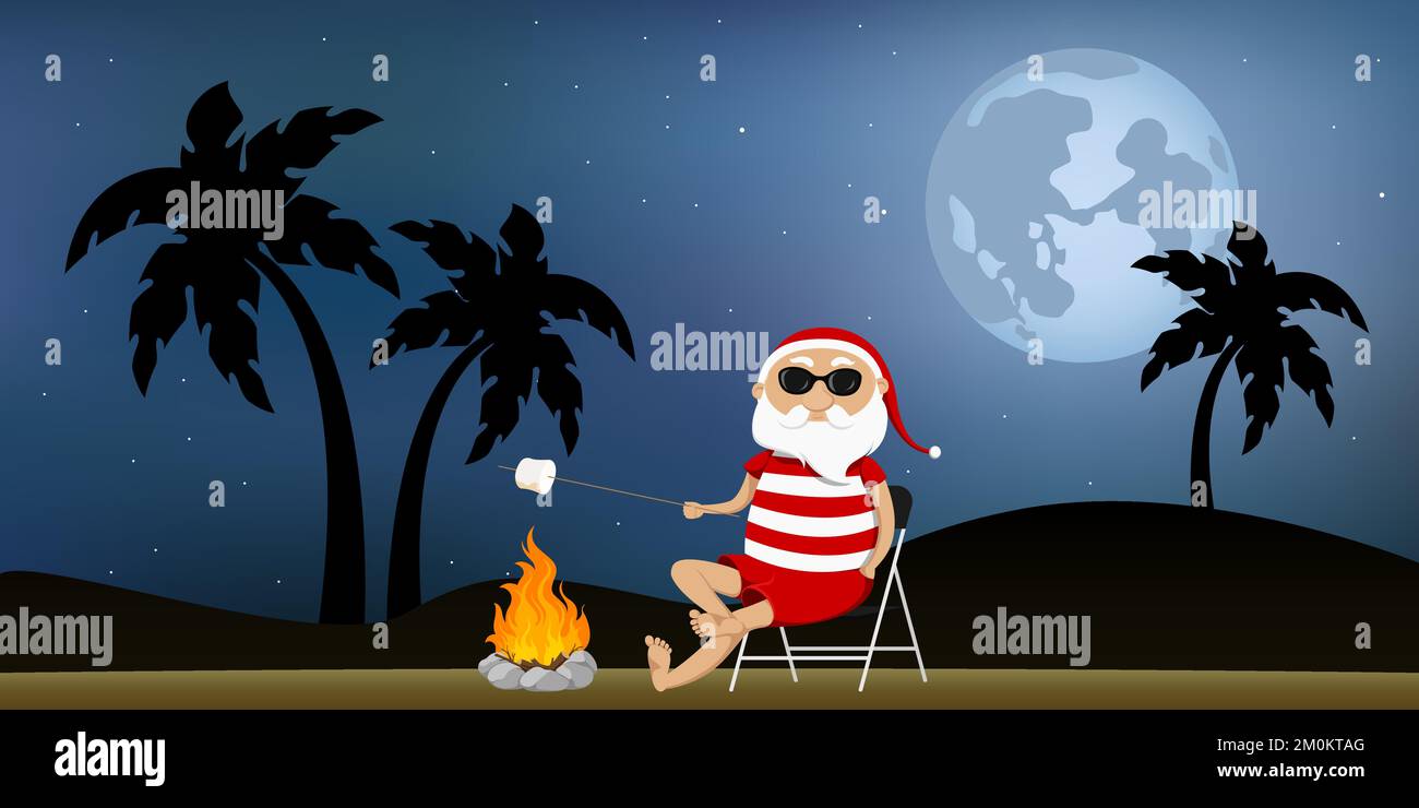 Babbo Natale cucinare marshmallows sul fuoco. Illustrazione vettoriale. Illustrazione Vettoriale