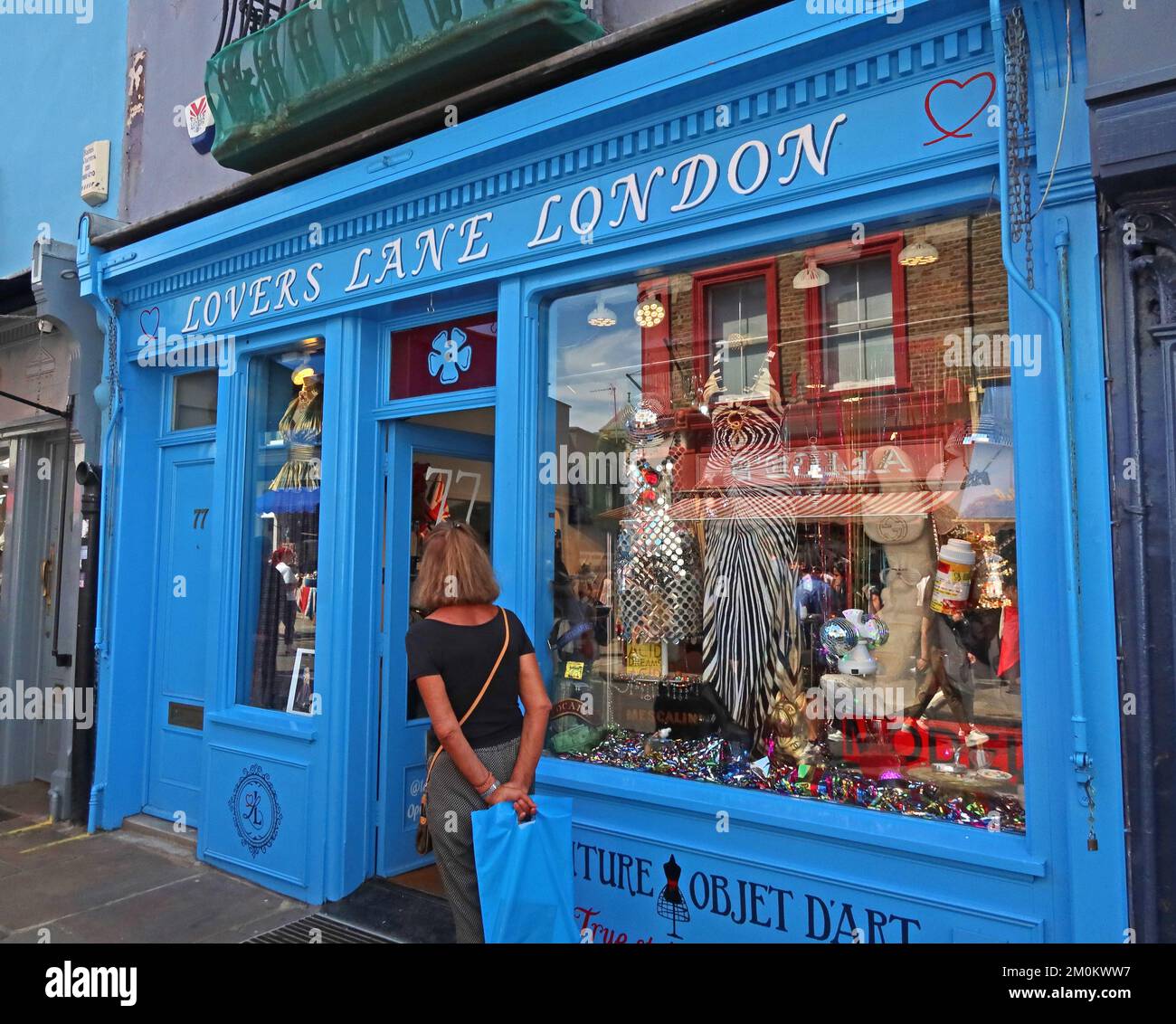 Lovers Lane London, Shop at 77 Portobello Road, Notting Hill, RBKC, Londra, Inghilterra, REGNO UNITO, W11 2QB Foto Stock