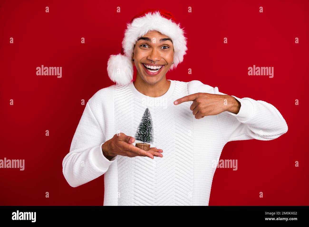 Foto di babbo natale eccitato uomo indossare bianco dito pullover diretto il suo albero di natale in plastica miniatura isolato su sfondo di colore rosso Foto Stock