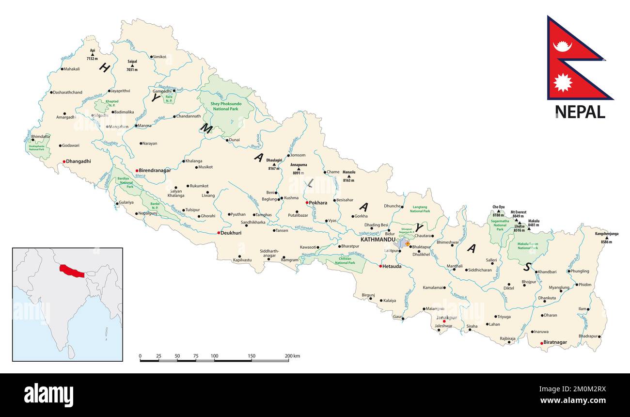 Mappa dettagliata dello stato asiatico dell'Himalaya del Nepal Foto Stock
