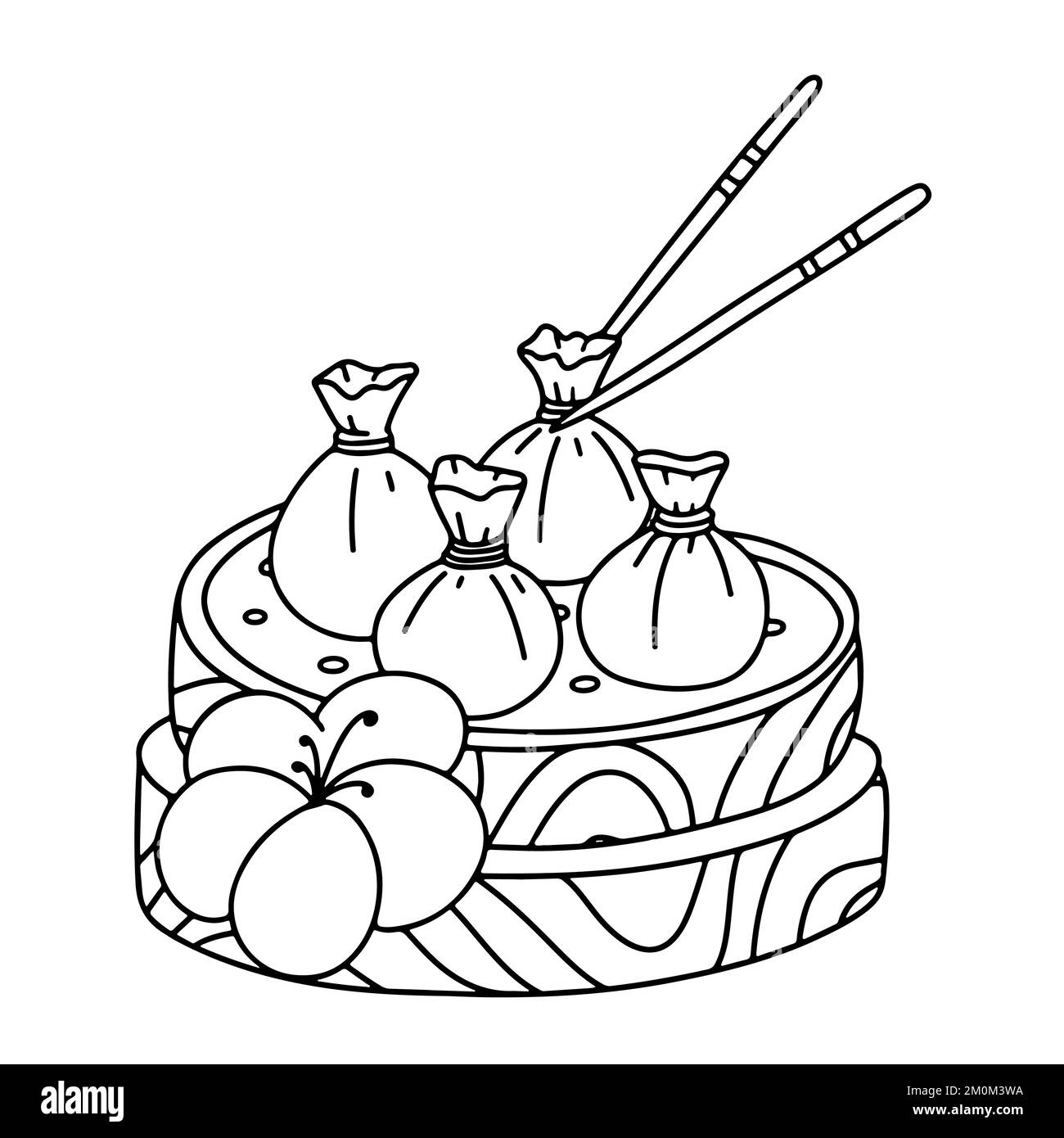 Dim Sam in stile doodle disegnato a mano. Popolare cibo Asia. Bun e Dumpling inclusi Illustrazione Vettoriale