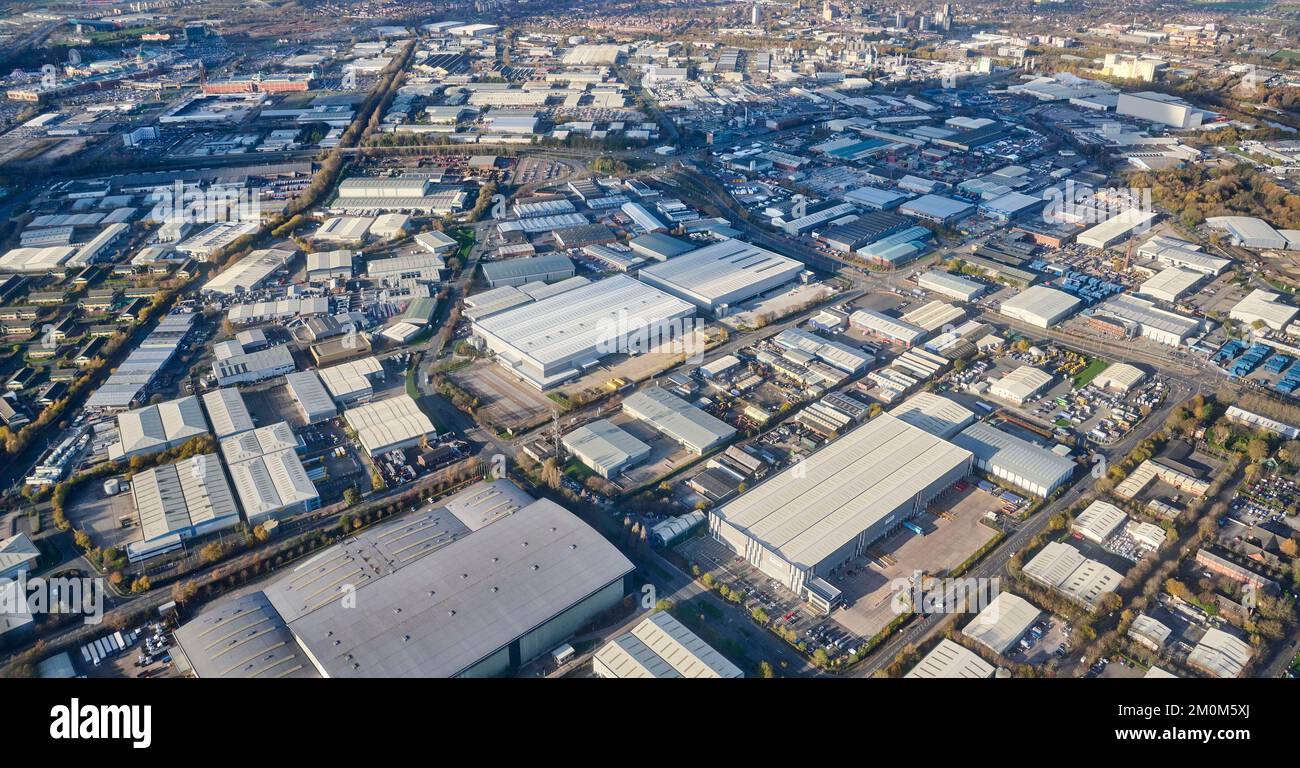 Una vista aerea del Trafford Park Industrial Estate, Manchester, Inghilterra nord-occidentale, Regno Unito Foto Stock