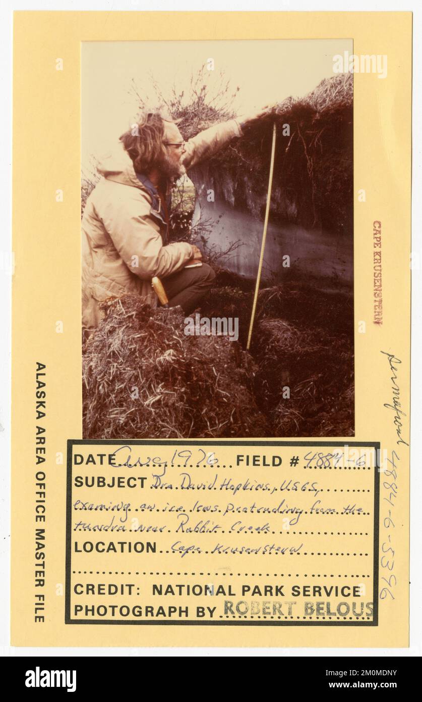 Dr. David Hopkins, USGS, esaminando lente di ghiaccio sporgente, vicino Rabbit Creek. Alaska Task Force fotografie Foto Stock