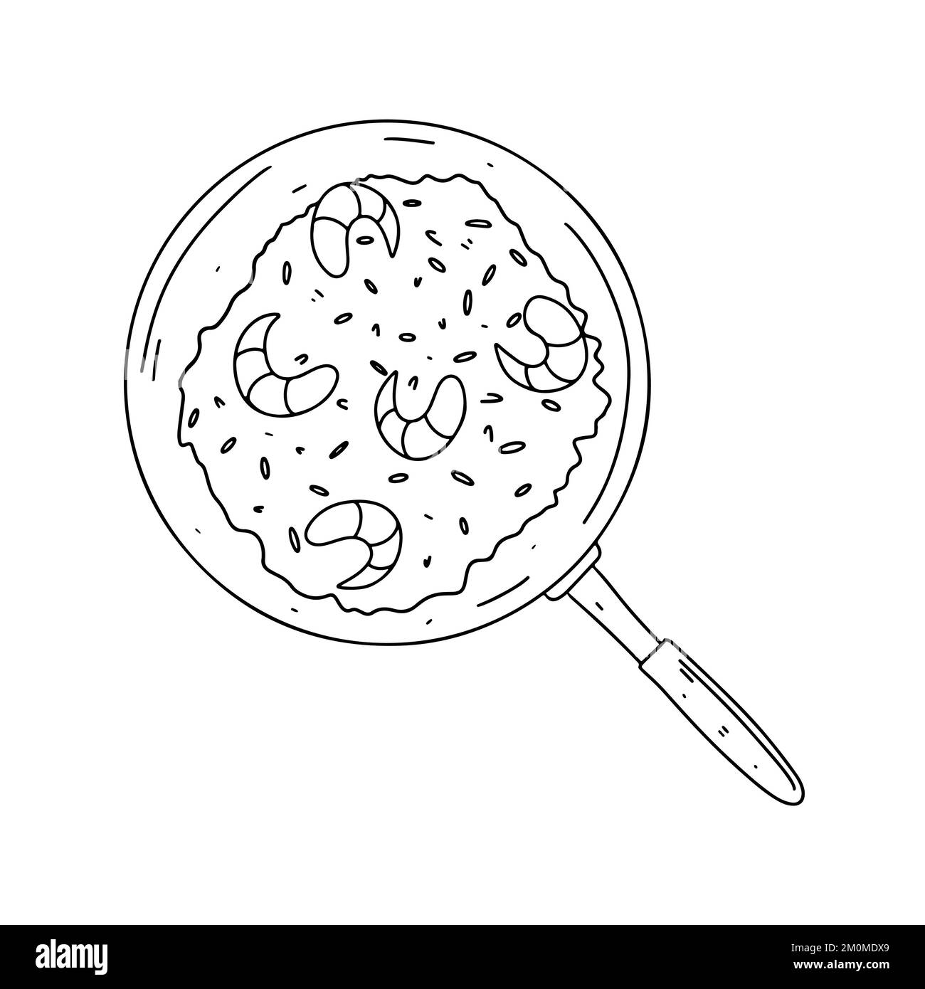 Riso fritto con gamberetti in padella in stile doodle trainato a mano. Cucina tradizionale asiatica. Illustrazione carina del vettore Illustrazione Vettoriale