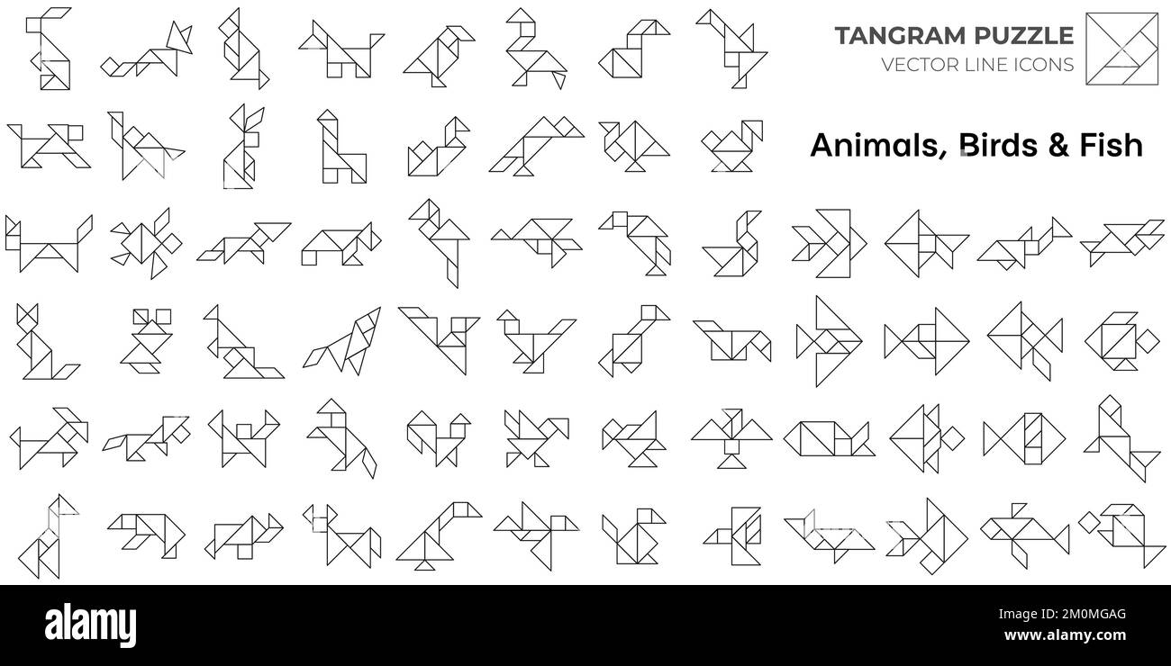 Tangram puzzle gioco. Icone isolate della linea Tangram. Illustrazione Vettoriale