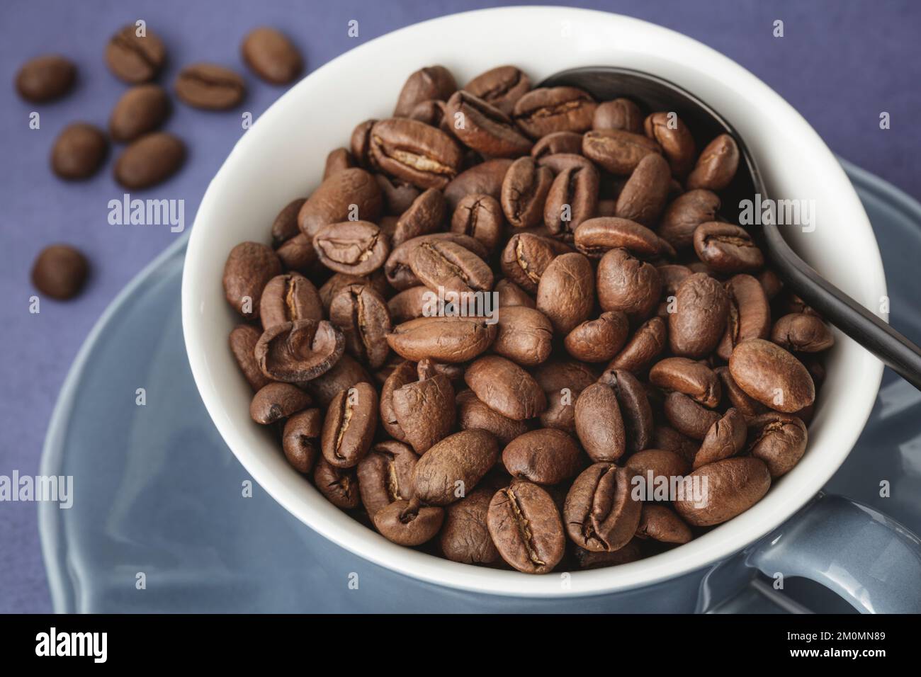 Primo piano di tazza blu e piattino riempito con chicchi di caffè arabica organici Foto Stock