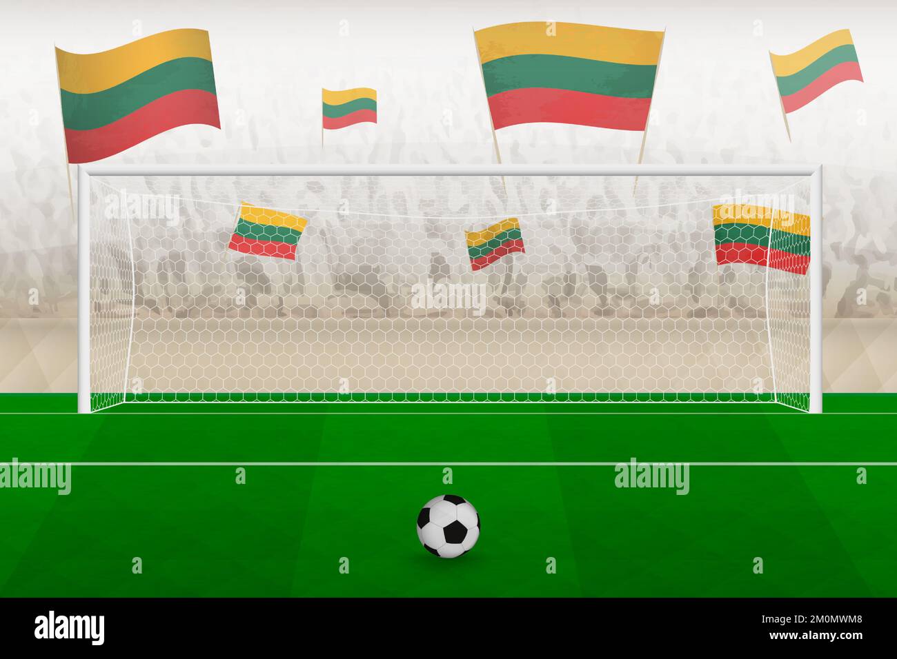 Tifosi della squadra di calcio lituana con bandiere di lituana che allietano lo stadio, calcio di punizione in una partita di calcio. Illustrazione del vettore sportivo. Illustrazione Vettoriale