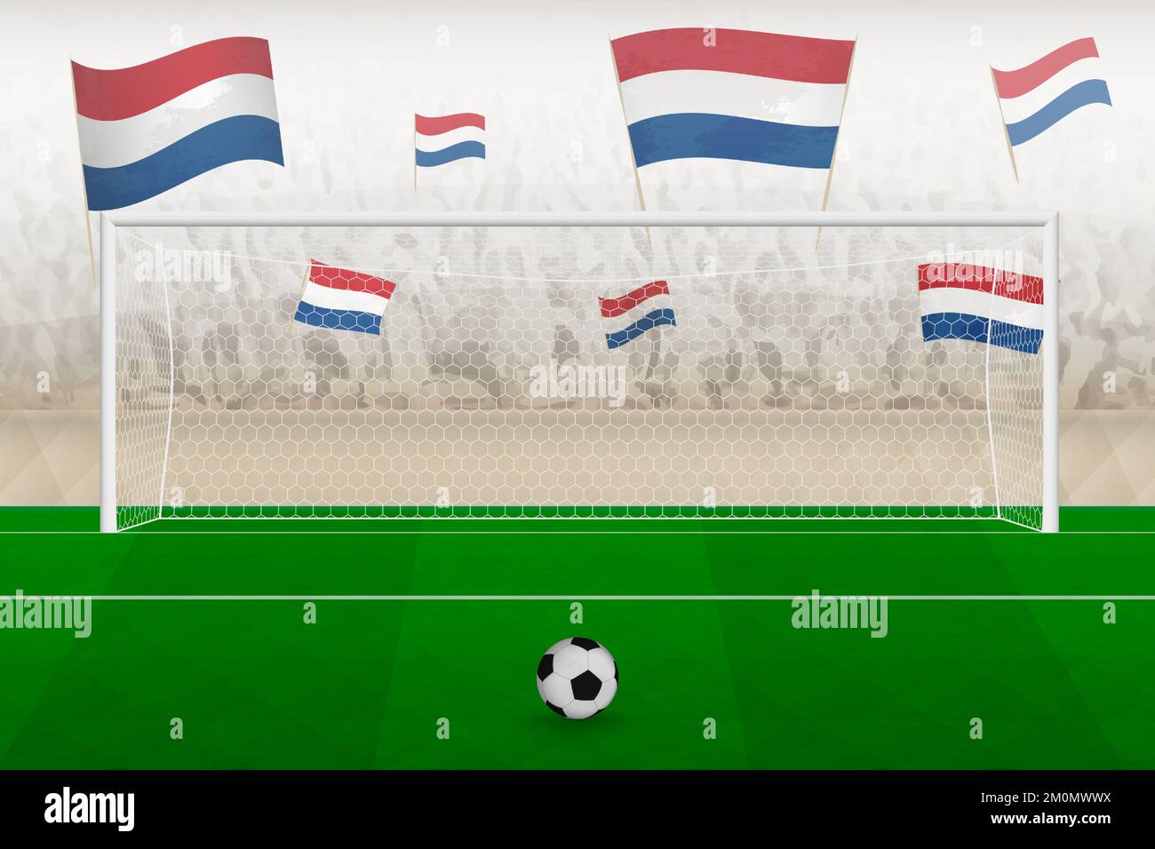 Tifosi della squadra di calcio olandese con le bandiere dei Paesi Bassi che allietano lo stadio, calcio di punizione in una partita di calcio. Illustrazione del vettore sportivo. Illustrazione Vettoriale