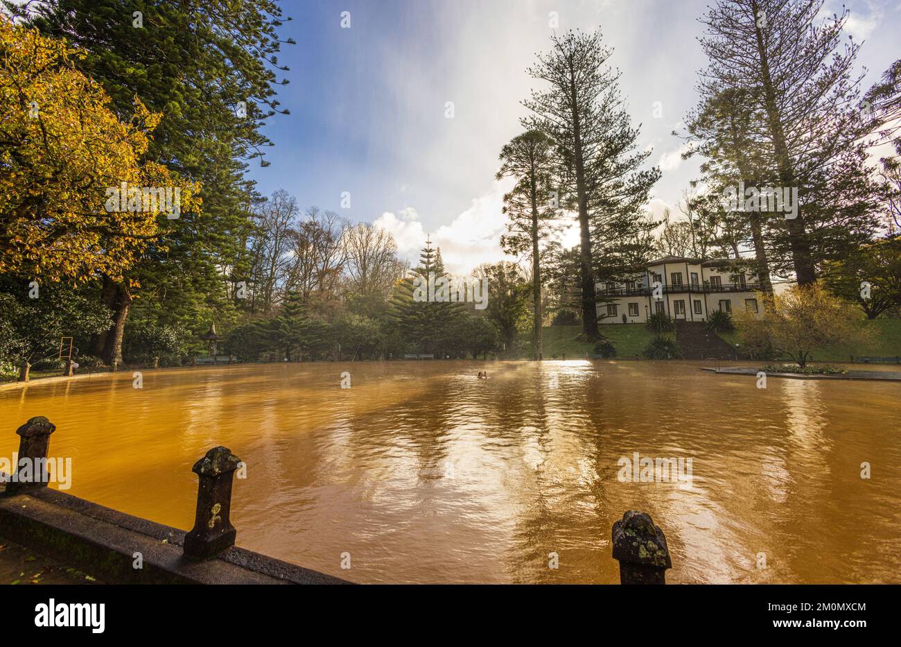 FURNAS, AZZORRE, PORTOGALLO - 4th DICEMBRE: Piscina termale nel parco Terra nostra, una destinazione turistica popolare il 4th dicembre 2022 a Furnas, Portogallo Foto Stock