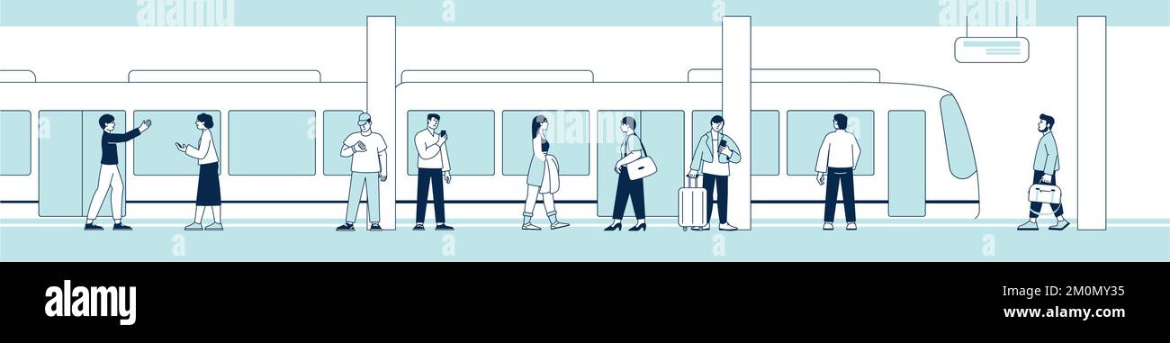 Stazione della metropolitana con persone a piedi e in attesa di treno Illustrazione Vettoriale