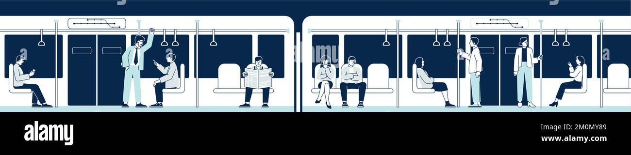 Treno sotterraneo con passeggeri. Persone in vagoni della metropolitana Illustrazione Vettoriale