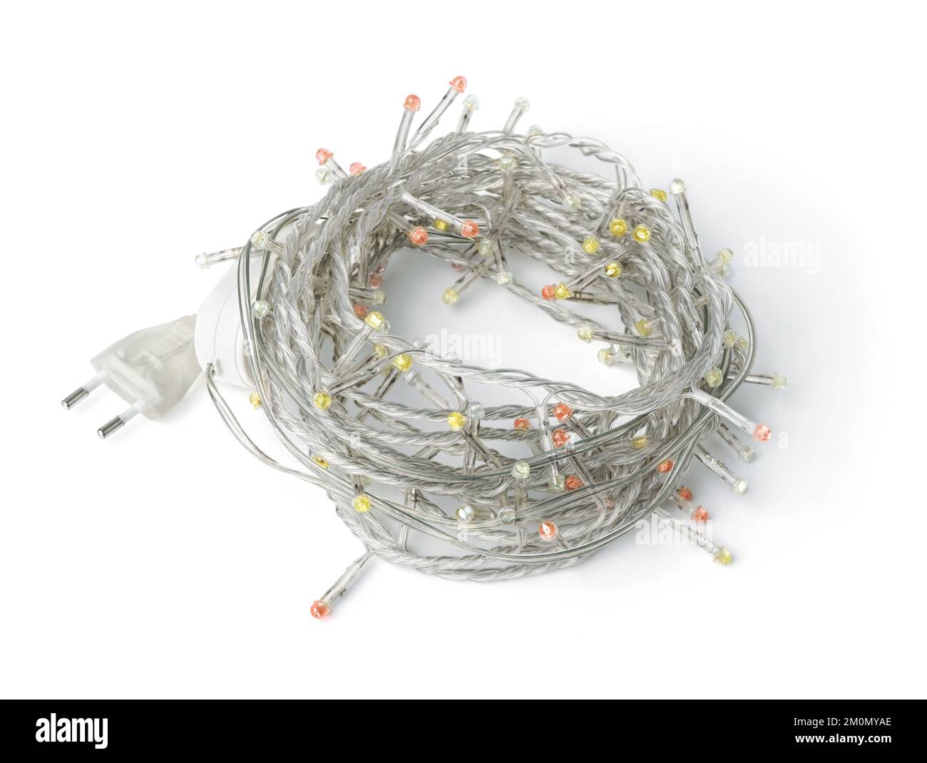 Luci LED di natale arrotolate ghirlata isolata su bianco Foto Stock