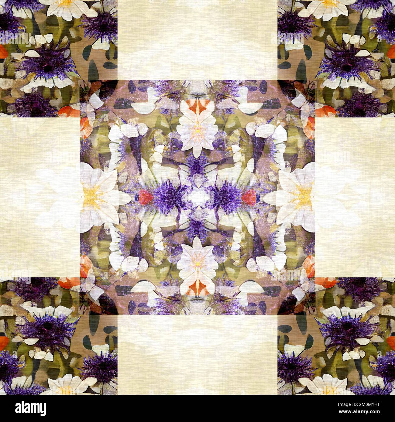 Motivo senza cuciture in patchwork floreale. Geo Swatch ornato per carta da parati natura esotica. Cottagecore fiore petalo fatto a mano bohemian senza cuciture Foto Stock
