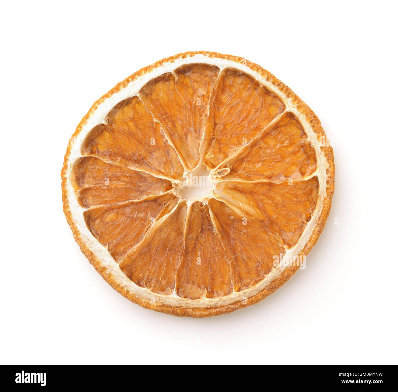 Vista dall'alto di una singola fetta di arancia secca isolata su bianco Foto Stock