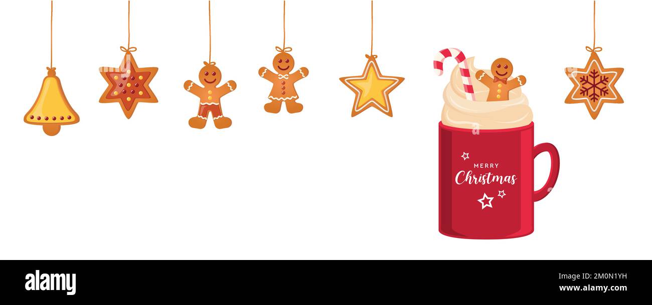 biglietto di natale con biscotti pan di zenzero appesi e bevanda al cacao Illustrazione Vettoriale