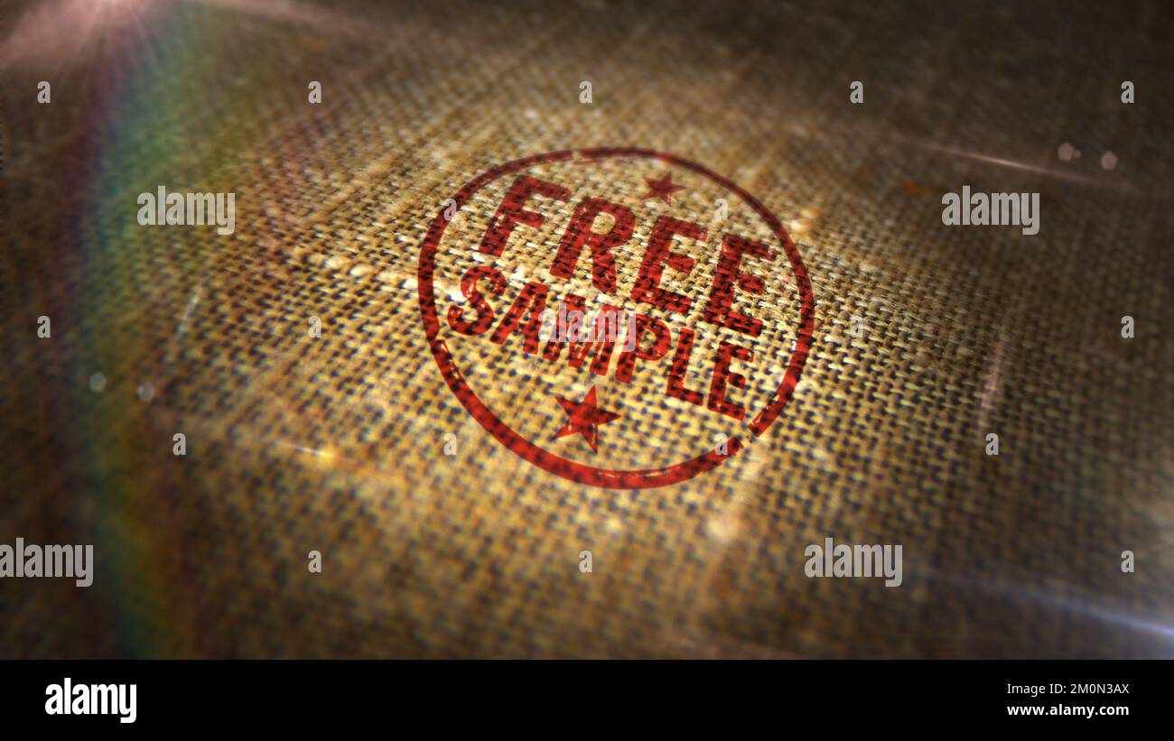 Francobollo gratuito stampato su sacco di lino. Concetto di promozione del prodotto al dettaglio di shopping gratis. Foto Stock