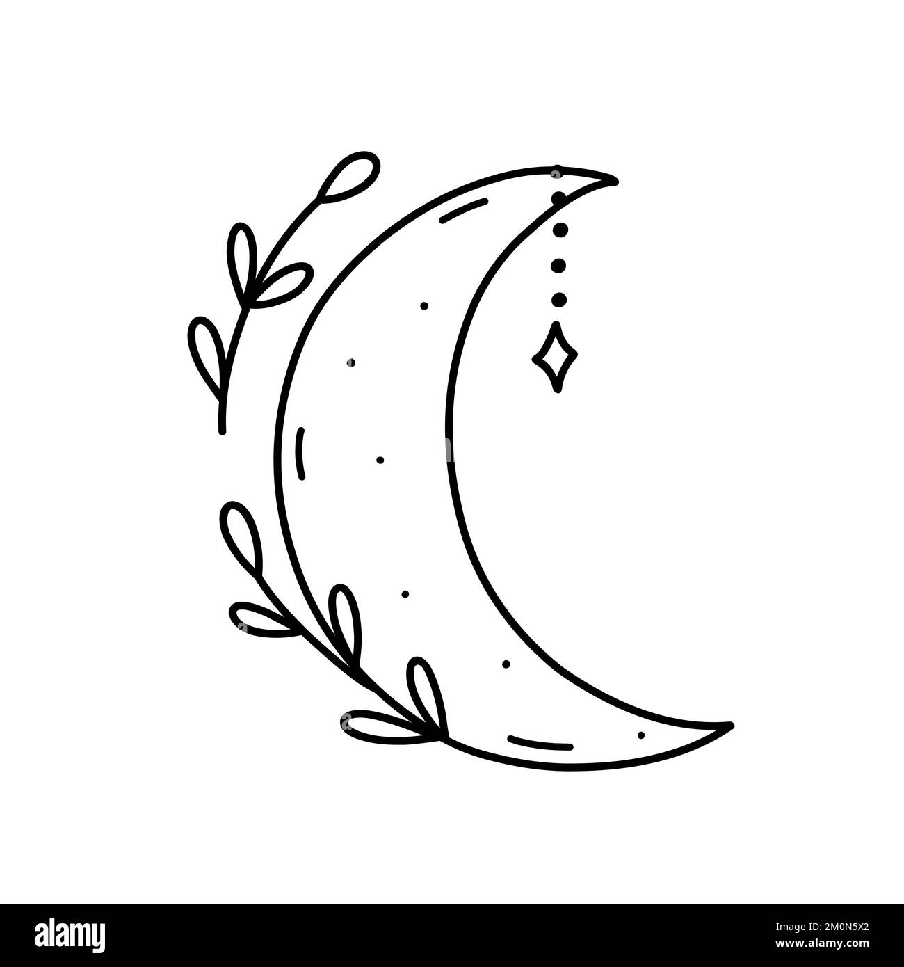 Mezzaluna decorata magicamente isolata su sfondo bianco. Disegno vettoriale a mano in stile doodle. Perfetto per carte, decorazioni, logo. Illustrazione Vettoriale