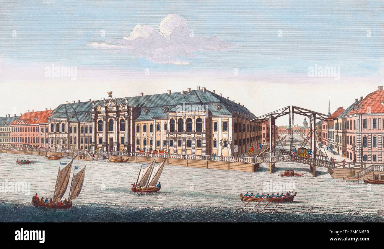 Vista dell'antico Palazzo d'Inverno, appartenente alla sua maestà imperiale, e del canale che unisce la Moika alla Neva, presso la Basilica di San Pietroburgo. St Petersburg, Russia. Dopo un lavoro di fine 18th ° secolo da un artista non identificato. Foto Stock