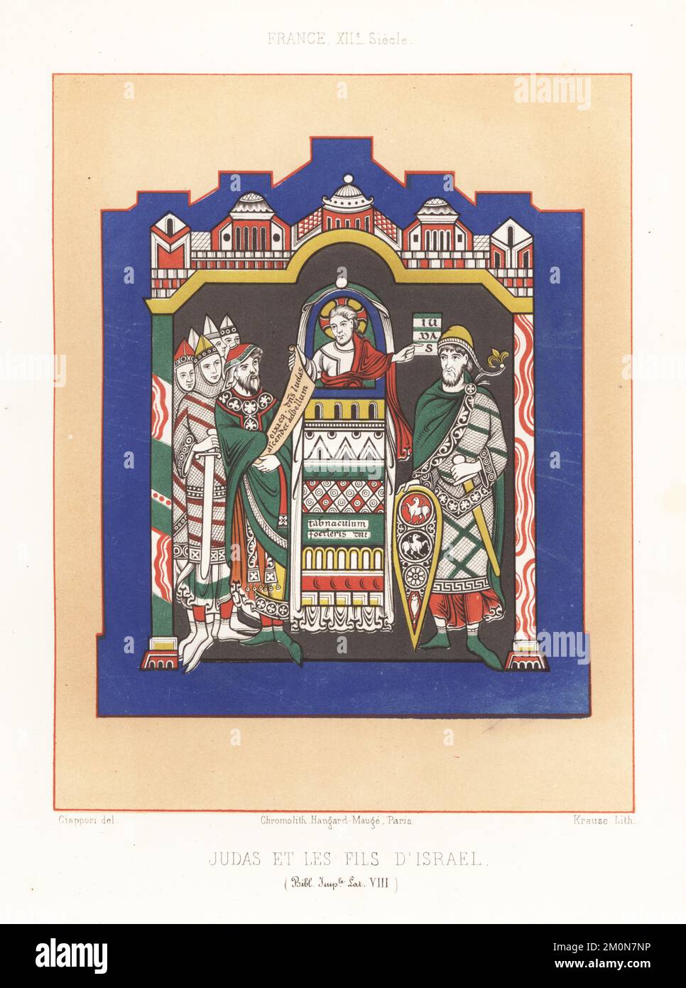 Giuda e la tribù d'Israele, costume francese, 12th ° secolo. Dio nel tabernacolo tenendo un rotolo e indicando Giuda in armatura militare con spada e scudo. Soldati in caschi conici e armatura di hauberk chainmail. Da una Bibbia manoscritta, latino MS VIII, Bibliotheque Imperiale. Judas et les fils d'Israel, France, XIIe siecle. Chromolithograph di Krause dopo un'illustrazione di Claudius Joseph Ciappori da Les Arts Somptuaires di Charles Louandre, The Sumputary Arts, Hangard-Mauge, Parigi, 1858. Foto Stock