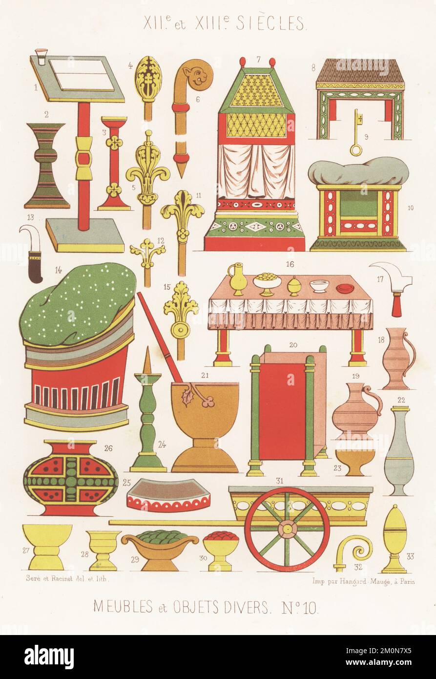 Mobili, utensili e altri oggetti, secoli 12th e 13th. Scrittrice scrivania 1, chiesa candelabri 2,3,24, scettri 4,5,11,12,15, catalana 7, tabella 8, chiave 9, sedia 10,14, gancio per la distinta del picker 13, tavolo da pranzo 16, gancio per la distinta del viticoltore 17, brocche di vino 18,19, pulpito portatile 20, utensili per la preparazione del burro 21, bricco di latte 22, tazza da degustazione 23, sgabello 25, vaso per raffreddare le bevande 16, tazza 27, calice 28, vaso per la frutta 29,30, carrello 31, crosiers 6,32,33. Meubles et Objets Divers, XIIe a XIIIe siecles. Da vari manoscritti e vetrate. Chromolithograph di Ferdinand Sere e Auguste Racinet da Foto Stock