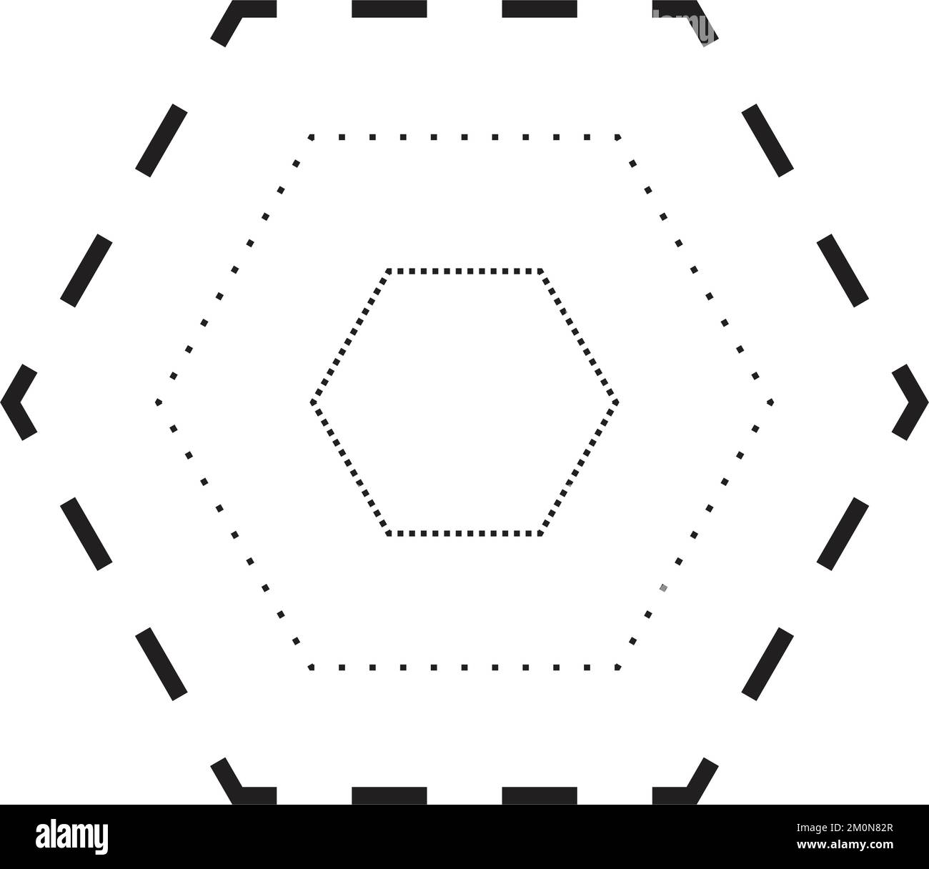 Simbolo a forma esagonale tracciante, linea tratteggiata tratteggiata tratteggiata a tratti per prescolare, asili e bambini Montessori, prescrittura, disegno e taglio Illustrazione Vettoriale