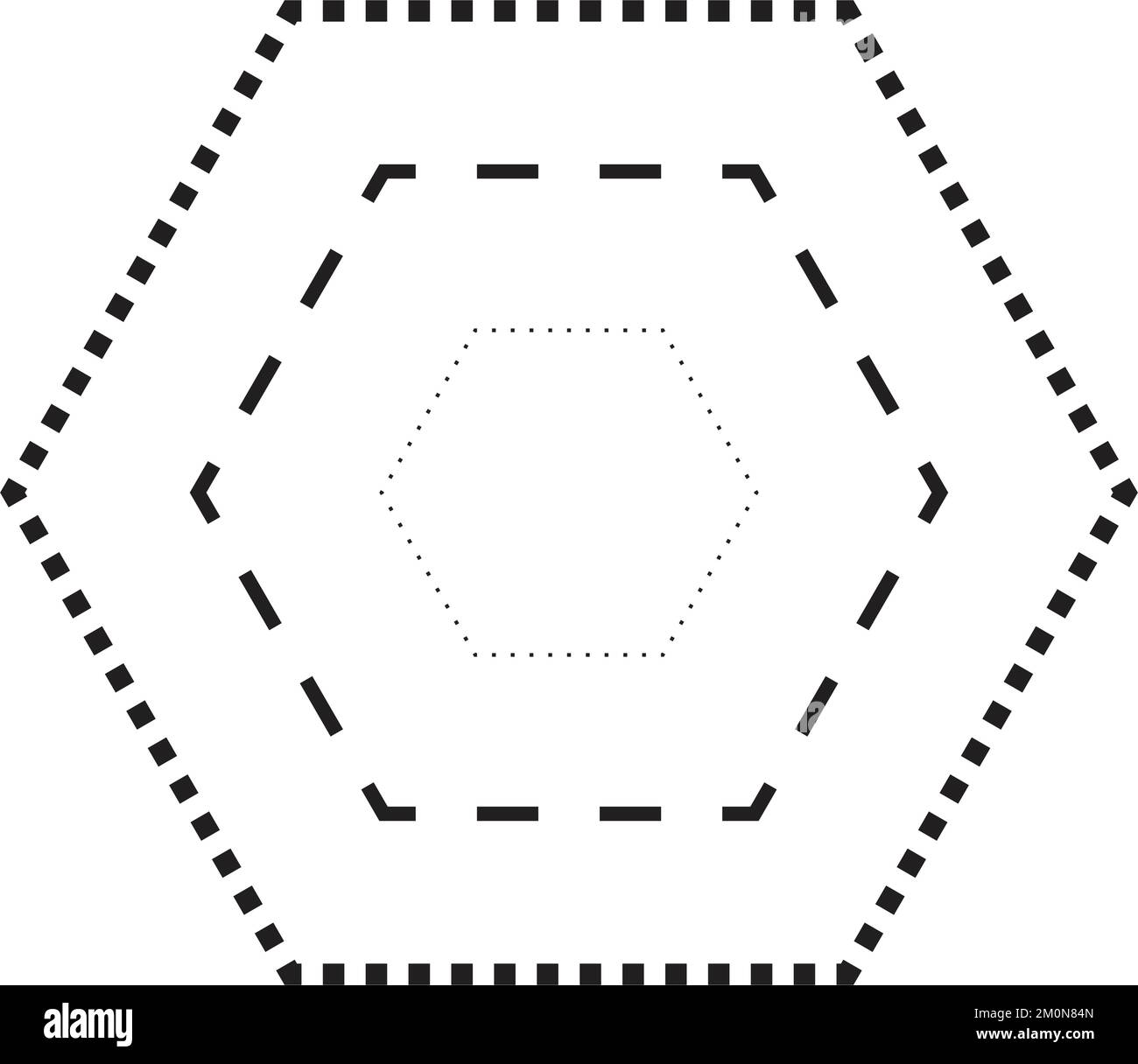 Simbolo a forma esagonale tracciante, linea tratteggiata tratteggiata tratteggiata a tratti per prescolare, asili e bambini Montessori, prescrittura, disegno e taglio Illustrazione Vettoriale