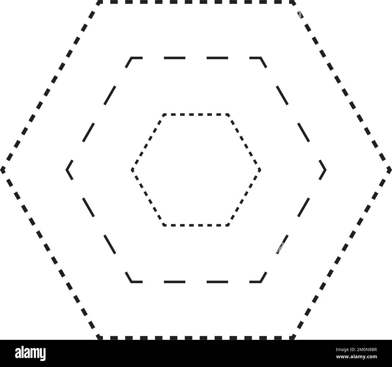 Simbolo a forma esagonale tracciante, linea tratteggiata tratteggiata tratteggiata a tratti per prescolare, asili e bambini Montessori, prescrittura, disegno e taglio Illustrazione Vettoriale