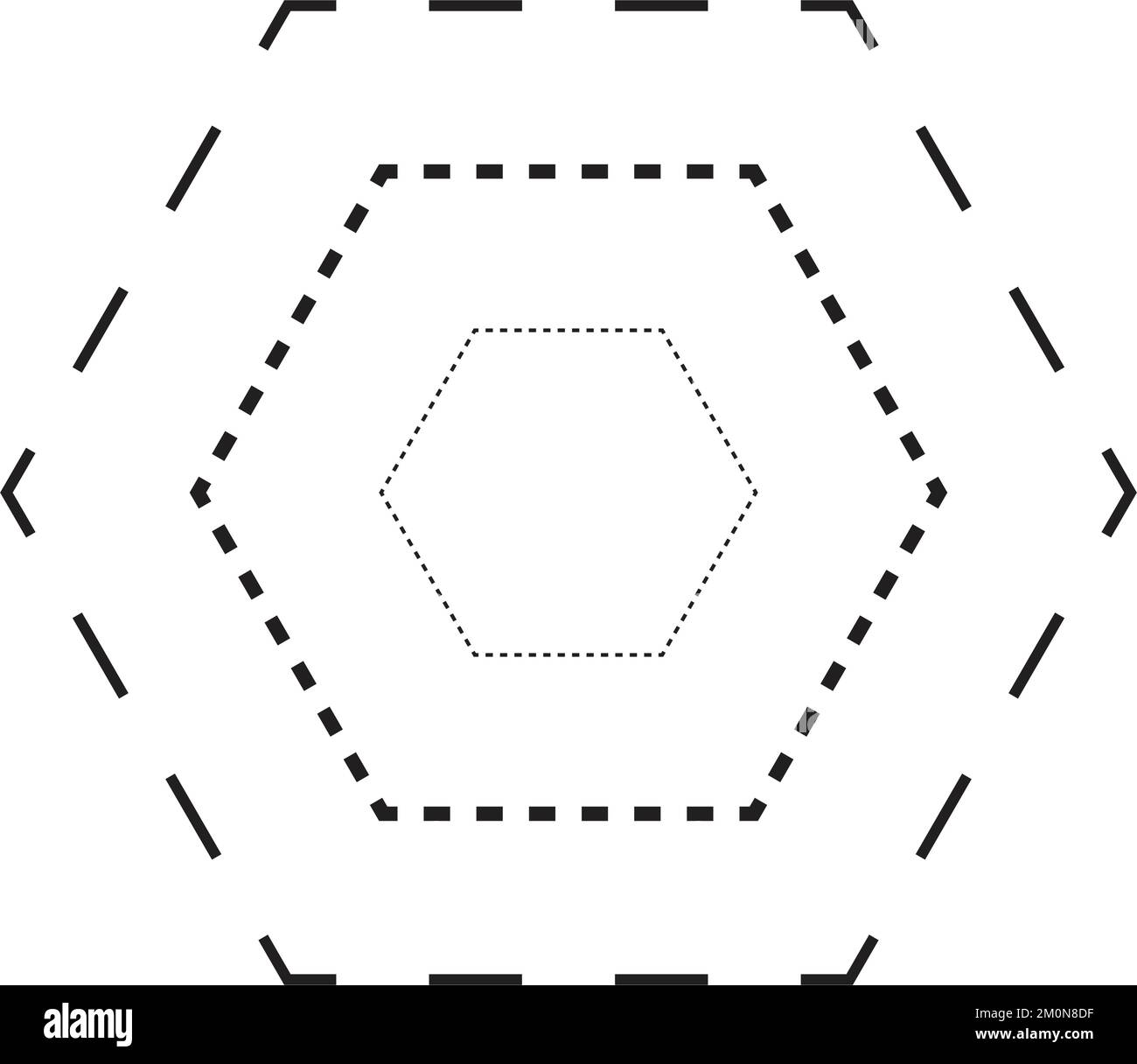 Simbolo a forma esagonale tracciante, linea tratteggiata tratteggiata tratteggiata a tratti per prescolare, asili e bambini Montessori, prescrittura, disegno e taglio Illustrazione Vettoriale