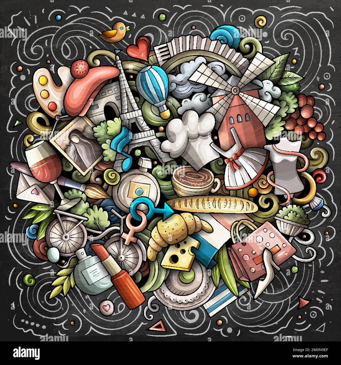 Francia disegnata a mano fumetto doodles illustrazione. Design divertente da viaggio. Illustrazione Vettoriale