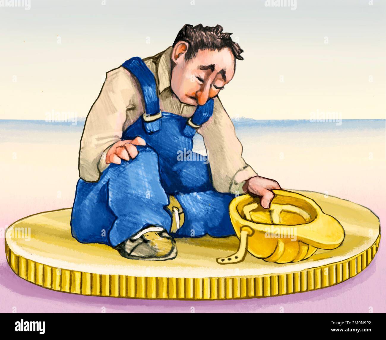 un lavoratore inginocchiato su una moneta chiede la carità, una metafora per i lavoratori sempre più sfruttati e ricattati dal grande capitale Foto Stock