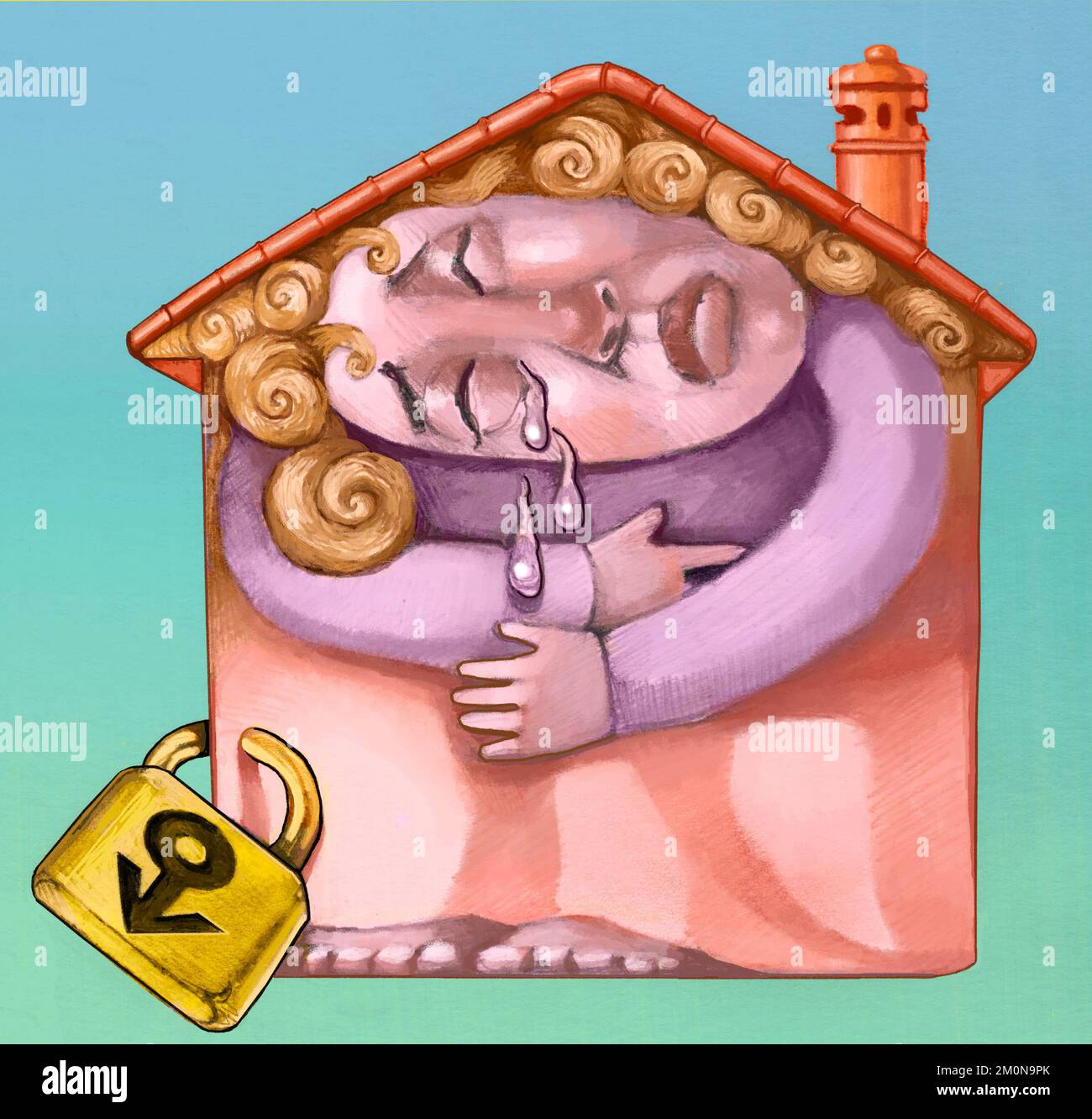 la donna si distende strettamente in casa piovosa piange il concetto di violenza domestica Foto Stock