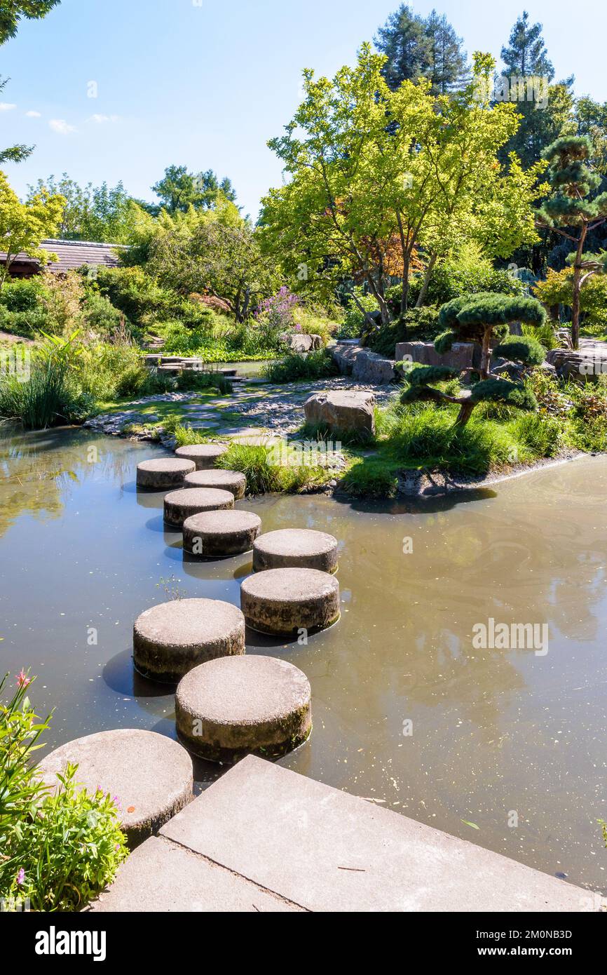 L'isola di Versailles è un'isola artificiale sul fiume Erdre a Nantes, Francia, circondata da un giardino in stile giapponese. Foto Stock