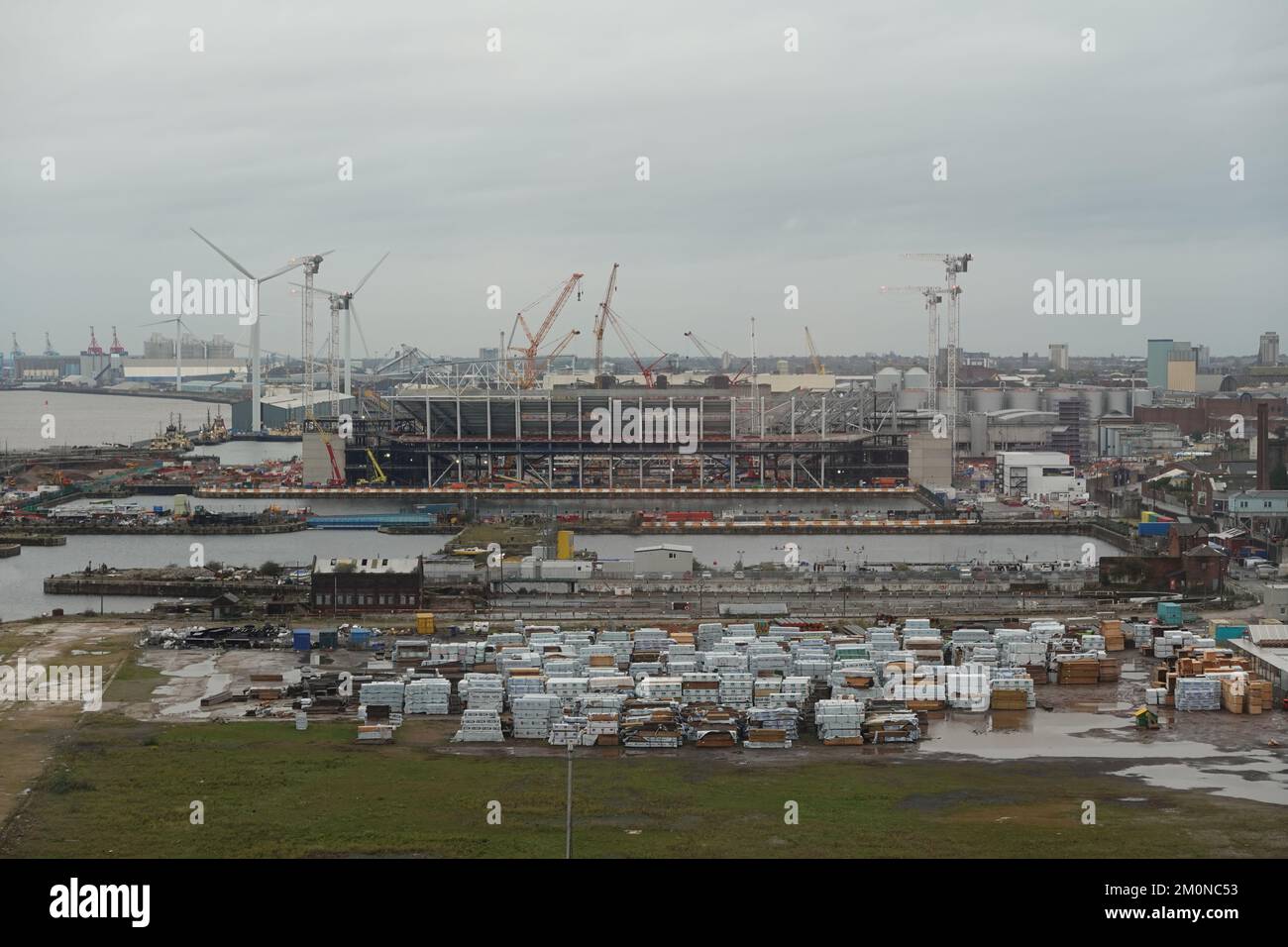 Nuovo stadio Everton FC in costruzione presso il molo di Bramley Moore, Liverpool, Merseyside UK, Foto Stock