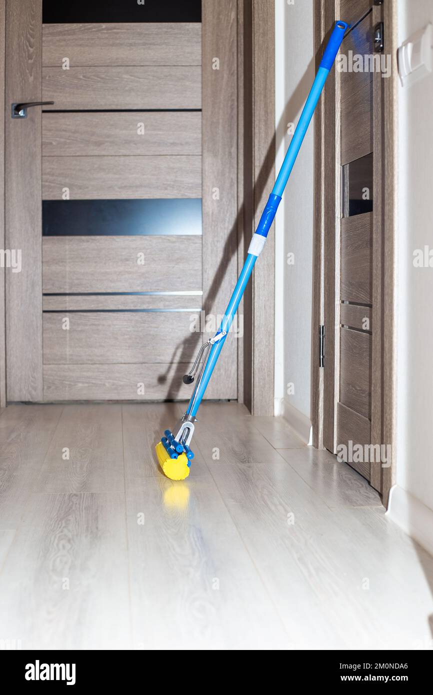 un mop per la pulizia si trova contro la parete nel corridoio. Pulizia della casa e lavaggio dei pavimenti. Foto Stock