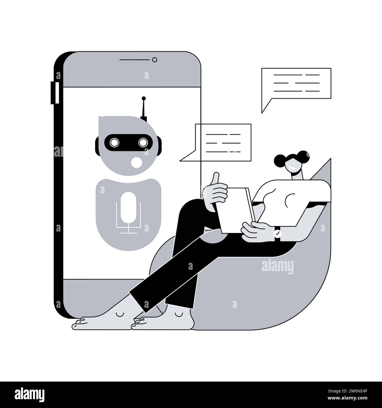 Chatbot virtual Assistant astratto concetto vettore illustrazione. internet, online smart robot, conversazione dispositivo, media dialogo, progetto di sistema, tecnologia, app web metafora astratta. Illustrazione Vettoriale