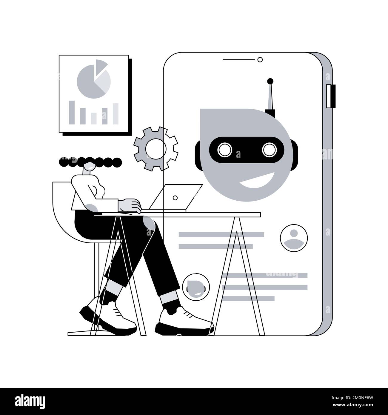 Illustrazione vettoriale del concetto astratto della piattaforma di sviluppo di chatbot. Piattaforma chatbot, sviluppo di assistenti virtuali, bot multipiattaforma, wireframe, metafora astratta della programmazione di applicazioni mobili. Illustrazione Vettoriale