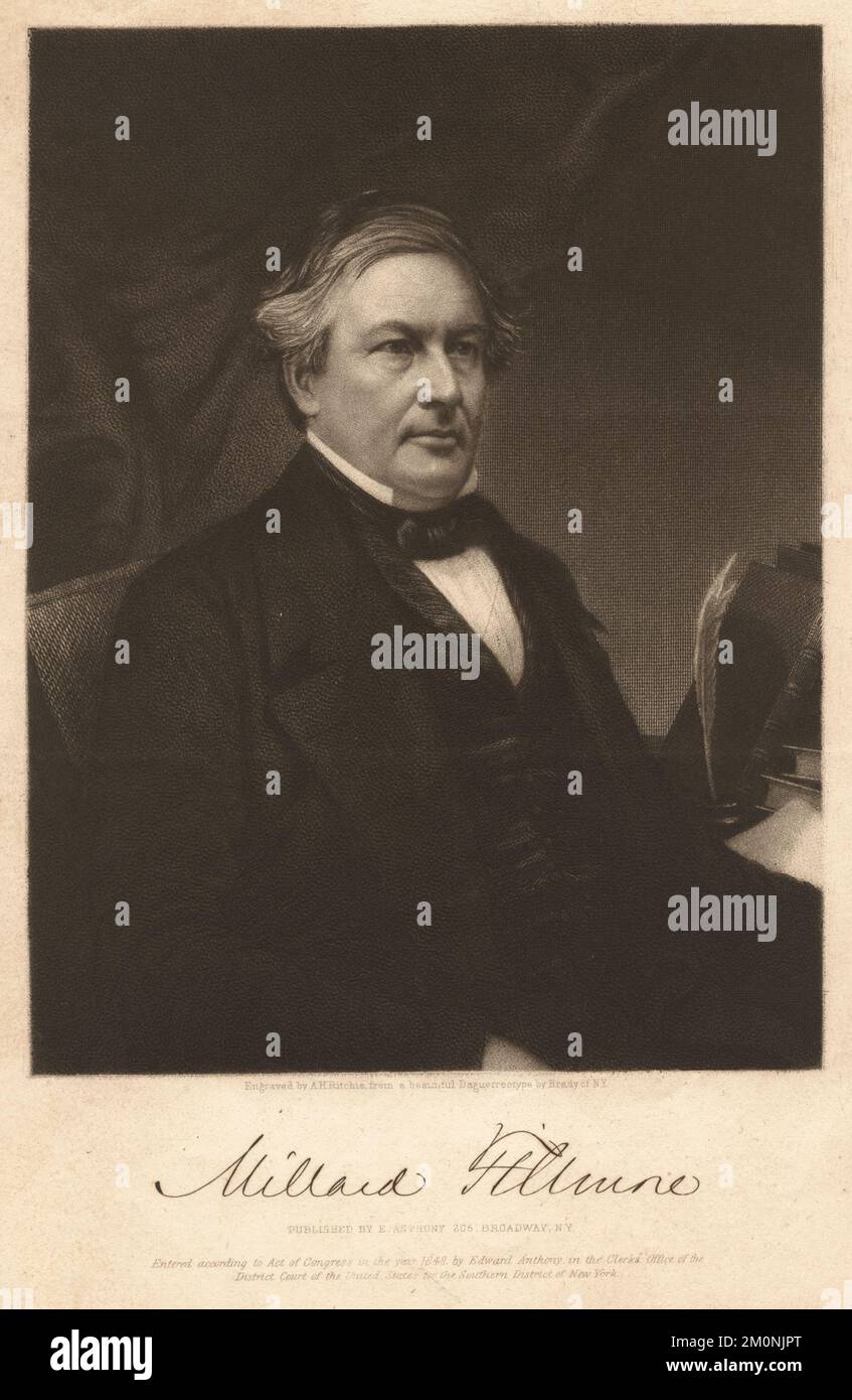 Ritratto del politico americano Millard Fillmore (1800 - 1874), che è stato il 13th presidente degli Stati Uniti dal 1850 al 1853, 1848. Incisione di Alexander Hay Ritchie (1822 - 1895) da un daguerreotipo di Mathew Brady (1822 - 1896) Foto Stock