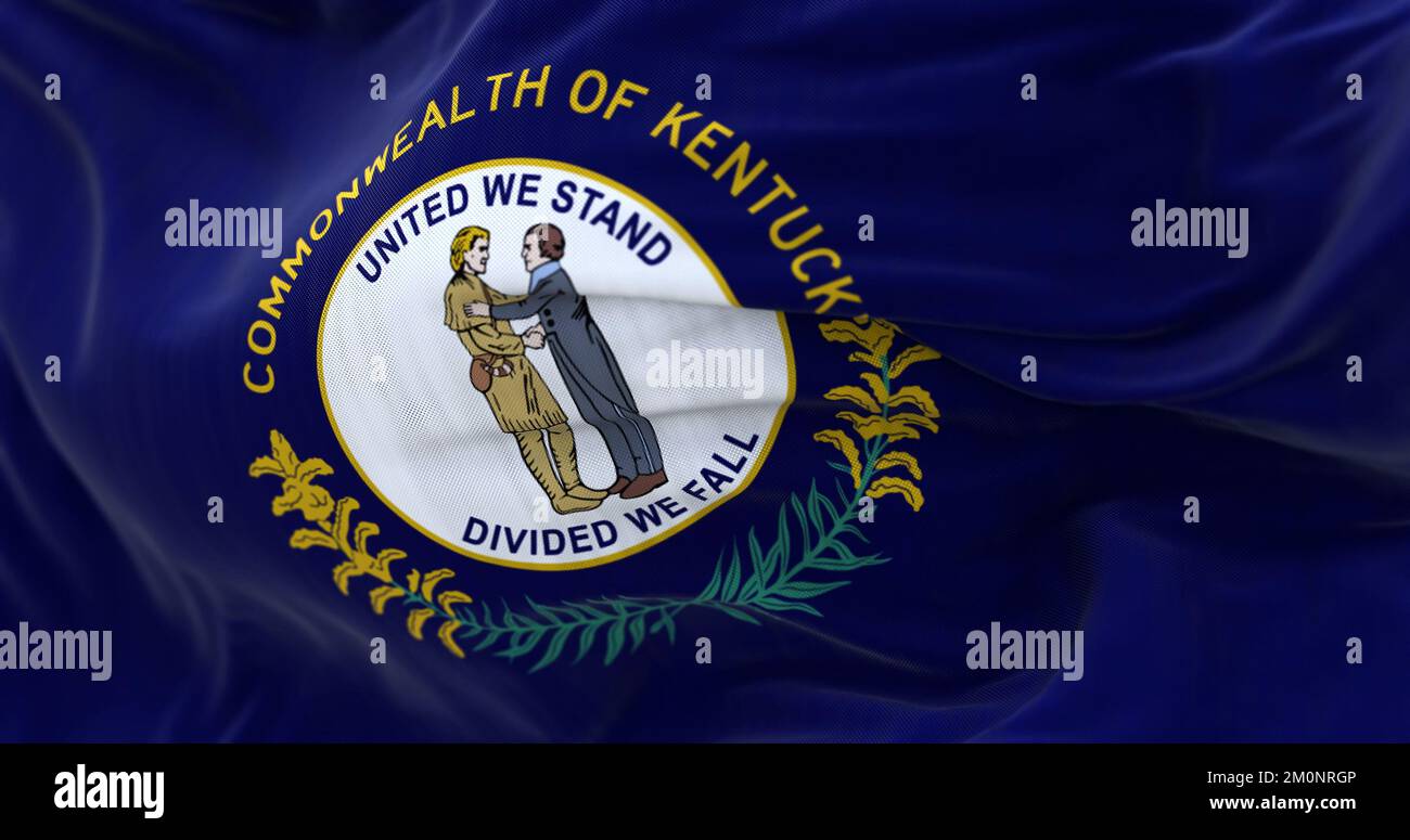 La bandiera statunitense del Kentucky sventola al vento. Il Kentucky è uno stato della regione sudorientale degli Stati Uniti. Sfondo tessile ondulato. REA Foto Stock