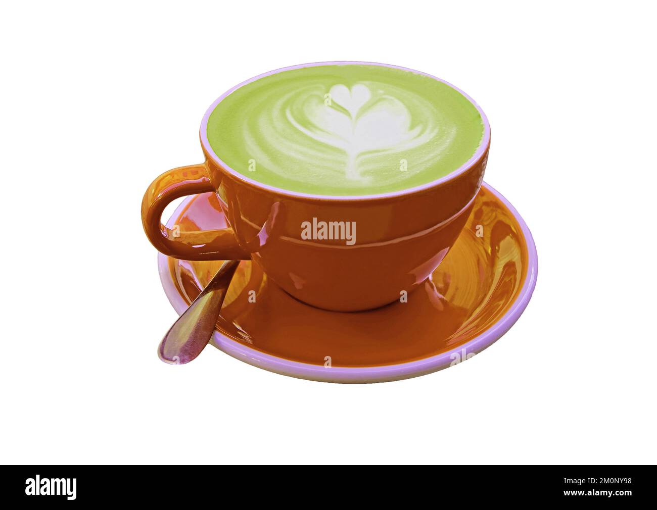 Hot Japanese Matcha Green Tea latte in Orange Cup isolato su sfondo bianco Foto Stock