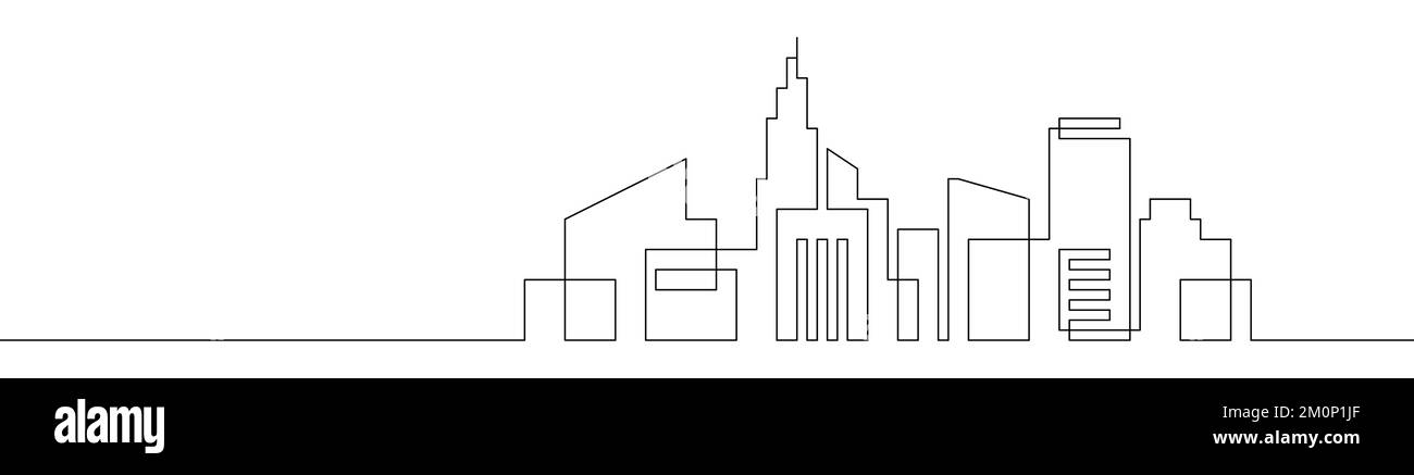 Edificio cittadino di linea continua. Una costruzione continua di un paesaggio urbano a profilo singolo. Sfondo di costruzione del tratto modificabile. Illustrazione vettoriale. Illustrazione Vettoriale