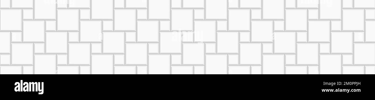 Sfondo orizzontale della tessera di hopscotch bianca. Cucina backsplash superficie mosaico. Bagno, doccia o wc decorazione pavimento. Struttura del pavimento. Pietra o muro di mattoni di ceramica. Illustrazione piatta vettoriale Illustrazione Vettoriale