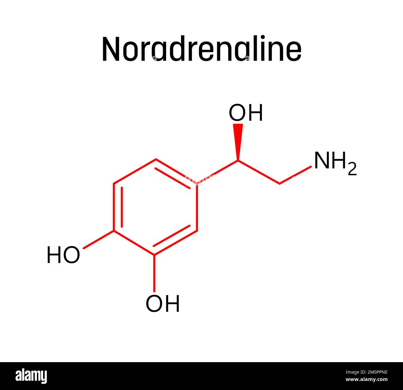 Struttura molecolare della noradrenalina. La noradrenalina, o norepinefrina, è neurotrasmettitore e ormone nel corpo umano. Formula strutturale vettoriale del composto chimico con legami rossi e etichette di atomi neri. Illustrazione Vettoriale