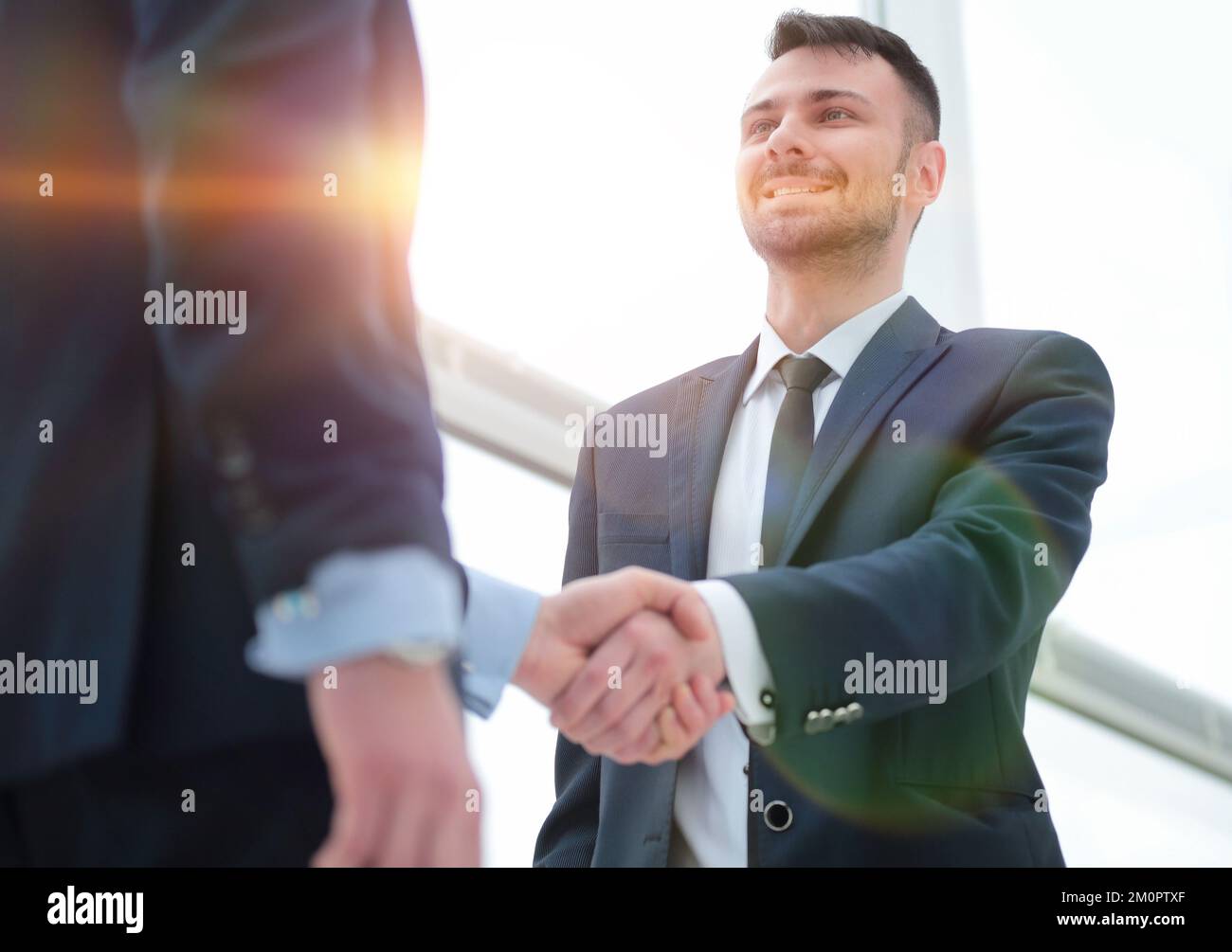 Stretta di mano del business partner dopo un favorevole accordo commerciale Foto Stock