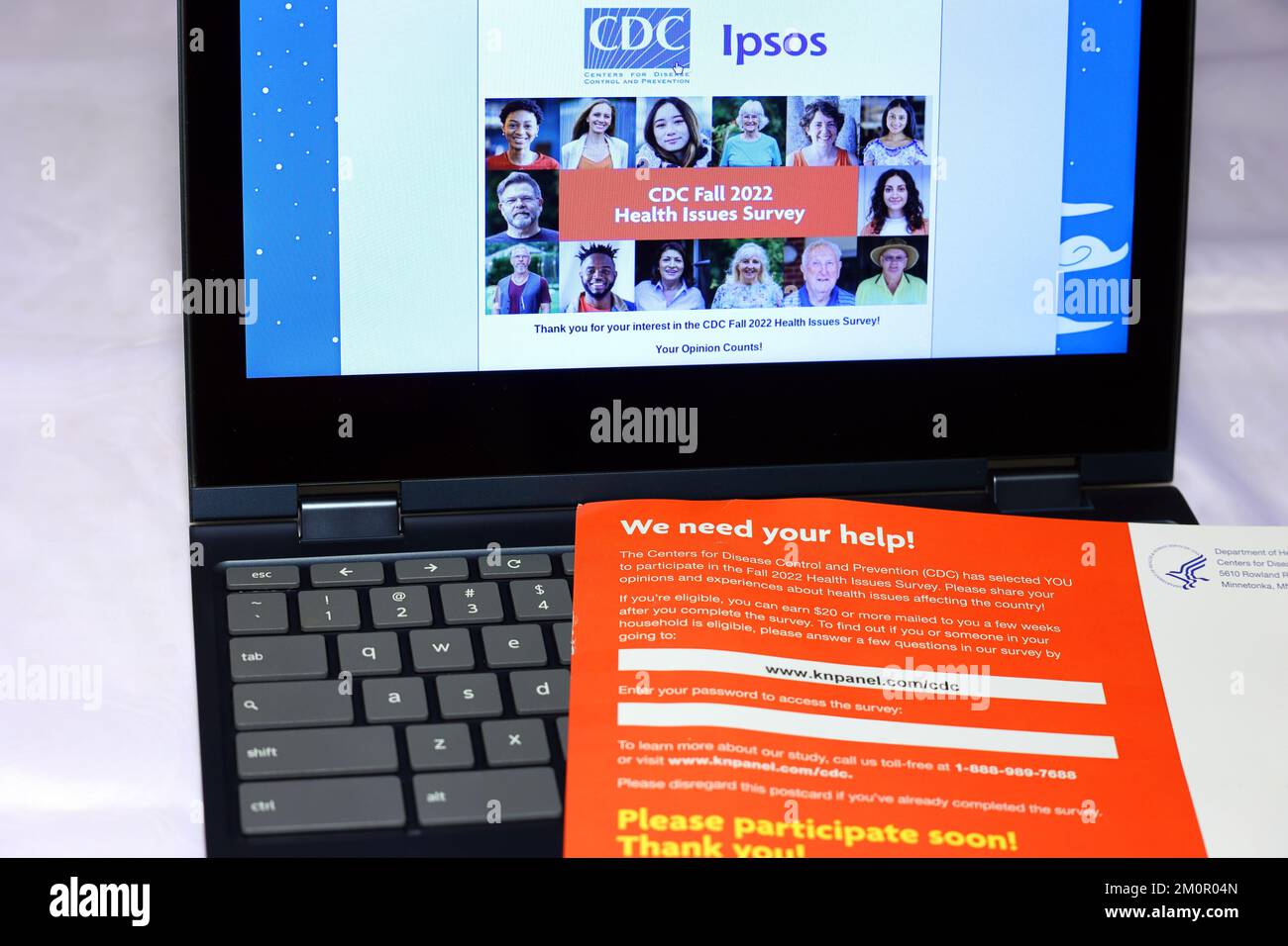 Un mailer del Centro per il controllo e la prevenzione delle malattie che invita gli utenti a partecipare al sondaggio online sui problemi sanitari dell'autunno 2022 condotto da IPSOS Foto Stock