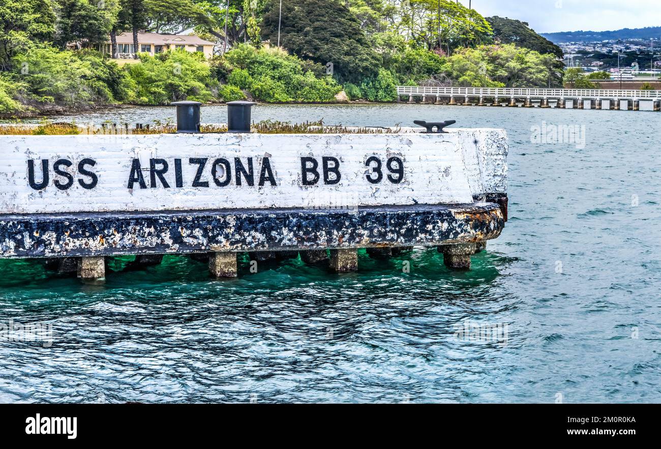 Arizona Memorial Dock Pearl Harbor Honolulu Oahu, Hawaii Dock mostra dove l'Arizona era al momento dell'attacco di Pearl Harbor 7 dicembre 1941 Foto Stock