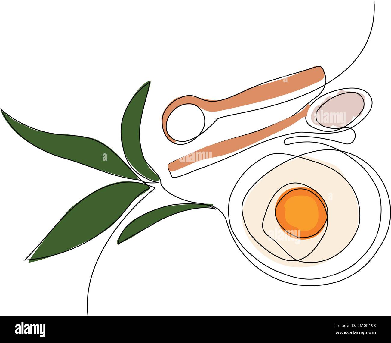 Disegno continuo di una linea di bottiglie con olio o miele o succo di limone o lime per lo scrubbing e la cura della pelle del corpo con prodotti naturali per la cura della pelle alle erbe, vista dall'alto degli ingredienti. Illustrazione vettoriale Illustrazione Vettoriale