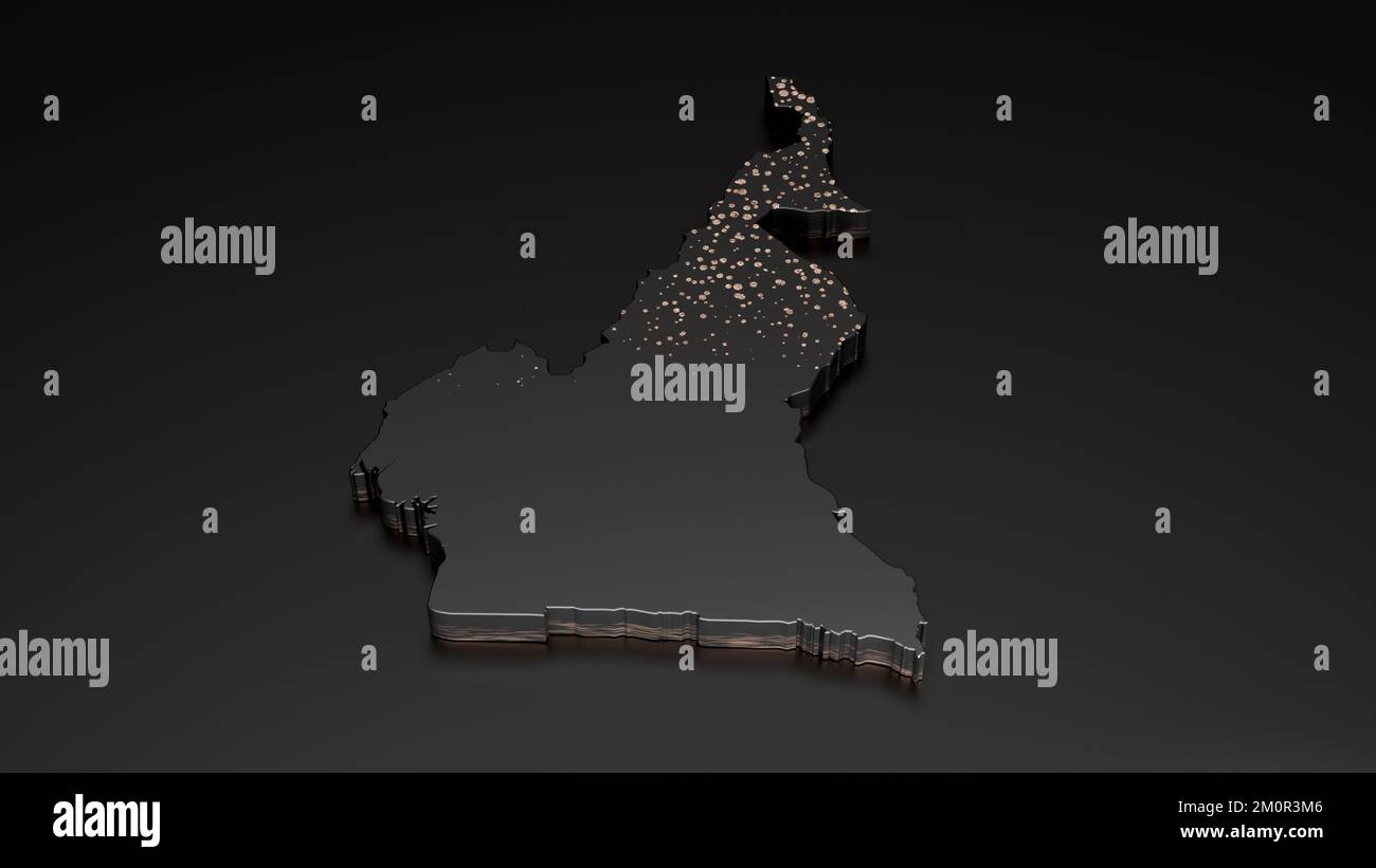Una mappa 3D resa del Camerun con glitter d'oro su sfondo nero - concetto di viaggio e vacanza Foto Stock