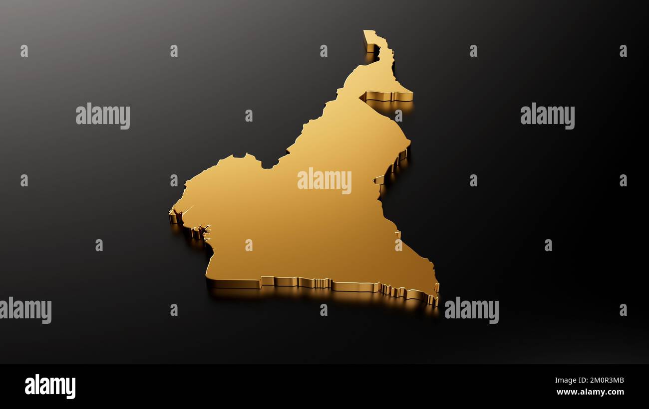 Una mappa resa 3D del Camerun in oro lucido su uno sfondo nero - concetto di viaggio e vacanza Foto Stock