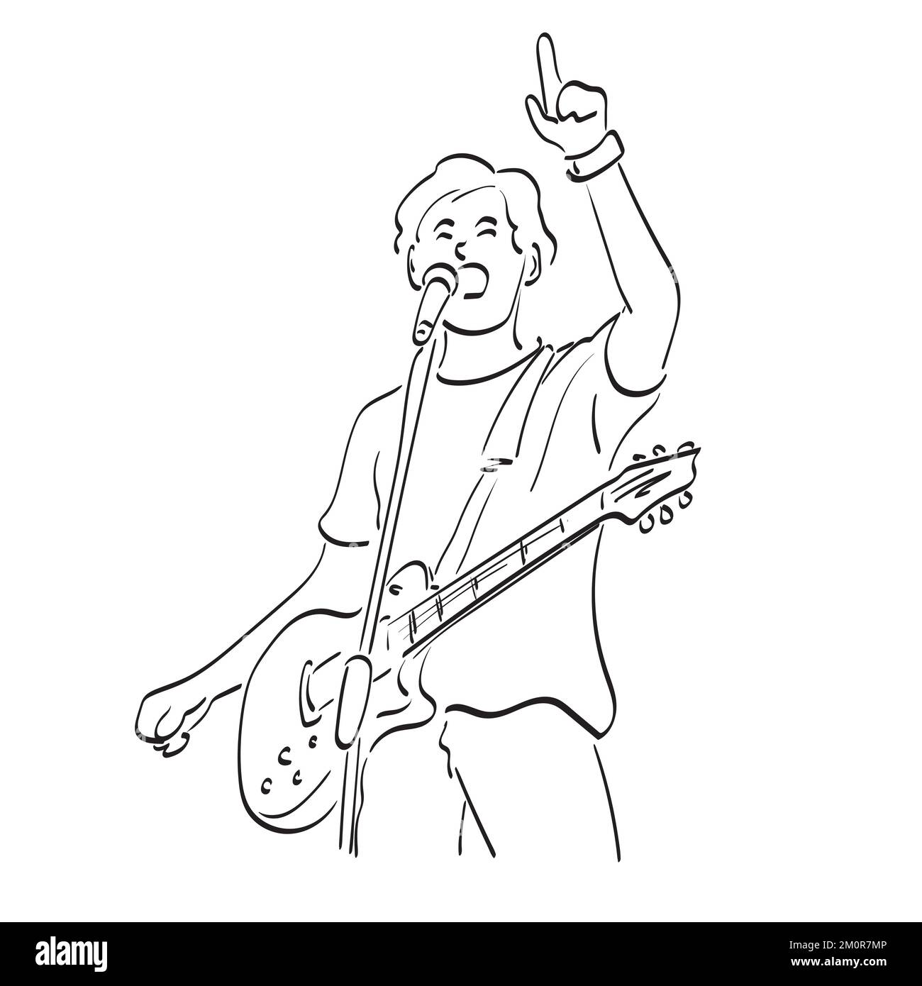 cantante rocker maschio con chitarra elettrica che punta verso l'alto illustrazione vettore disegnato a mano isolato su sfondo bianco linea art. Illustrazione Vettoriale