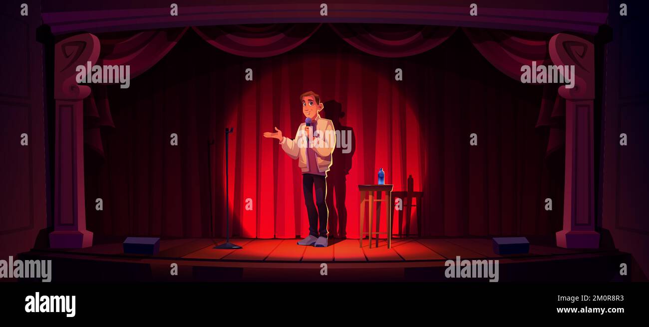 Spettacolo comico, stand up, comico aperto sul palco. Fumetto illuminato con microfono che scherza alla scena del club di divertimento standup. Divertente concerto notturno di intrattenimento, illustrazione vettoriale di Cartoon Illustrazione Vettoriale